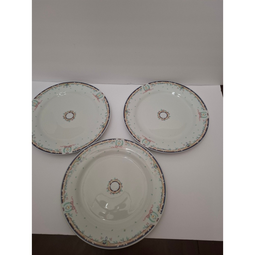 Gibson China Cottagecore Floral Dinner Plates Navy Ribbon Wreath Set of 3